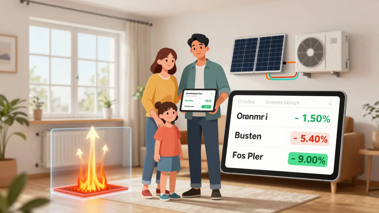 Familie betrachtet einen Energieeinsparungsrechner auf einem Tablet, mit visualisierter Energieflussdarstellung.