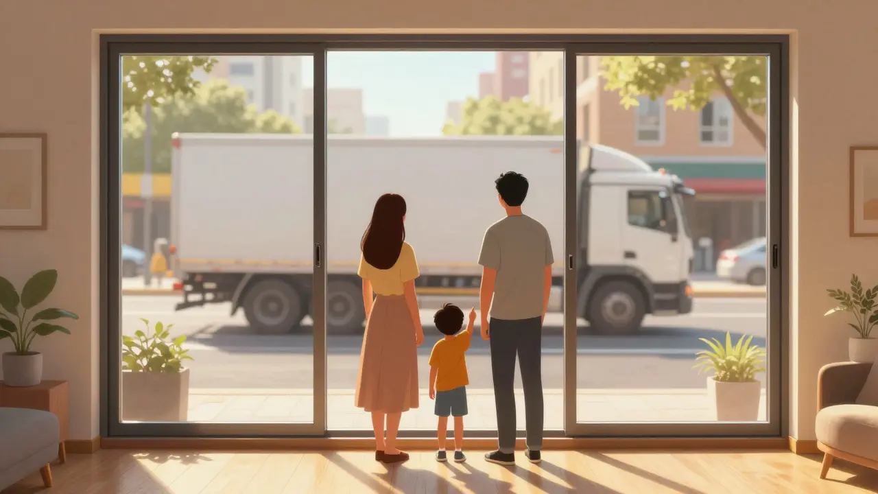 Familie hinter einem dreifach verglasten Fenster, das Lärm von außen dämpft, während Sonnenlicht hereinströmt.