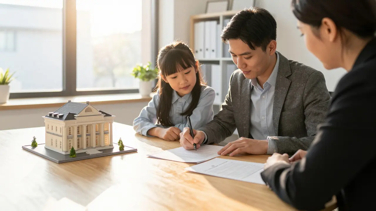 Familie unterschreibt Vertrag mit Anwalt, Hausmodell auf Tisch, Sonnenlicht