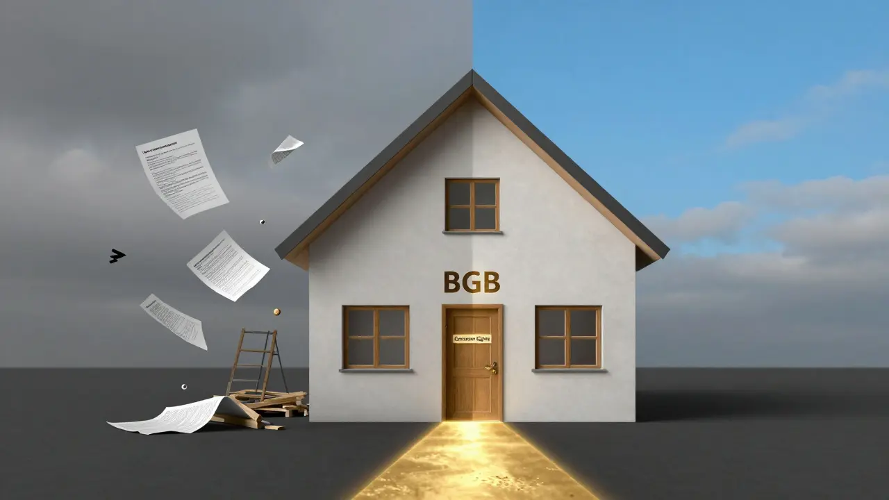 Gespaltenes Haus: linke Seite zeigt VOB-Risiken, rechte Seite BGB-Schutz – ein golden Pfad verbindet beide mit Verbraucherrechten.