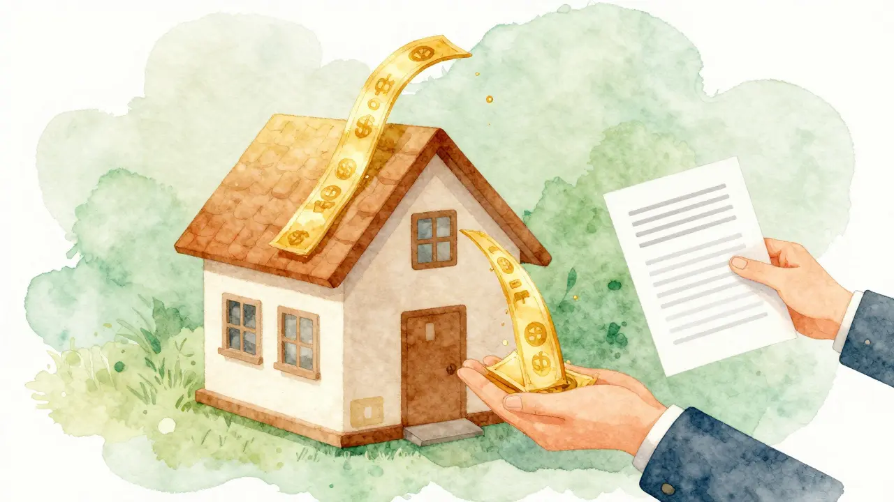 Goldener Geldfluss von einem vermieteten Haus zu einer Person, andere hält Dokument.