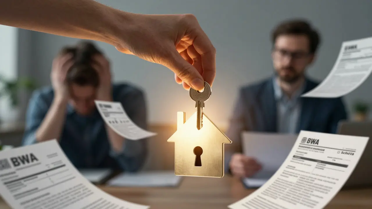Hand legt Hausschlüssel in ein Schloss, umgeben von Finanzdokumenten und einer Berater-Szene.