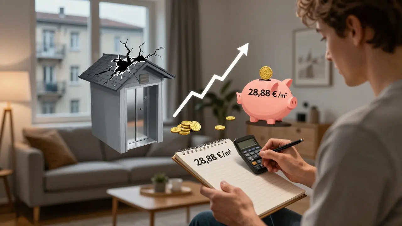 Hausbesitzer berechnet monatliche Rücklagen mit visuellen Symbolen für Reparaturen und Sparpotenzial.