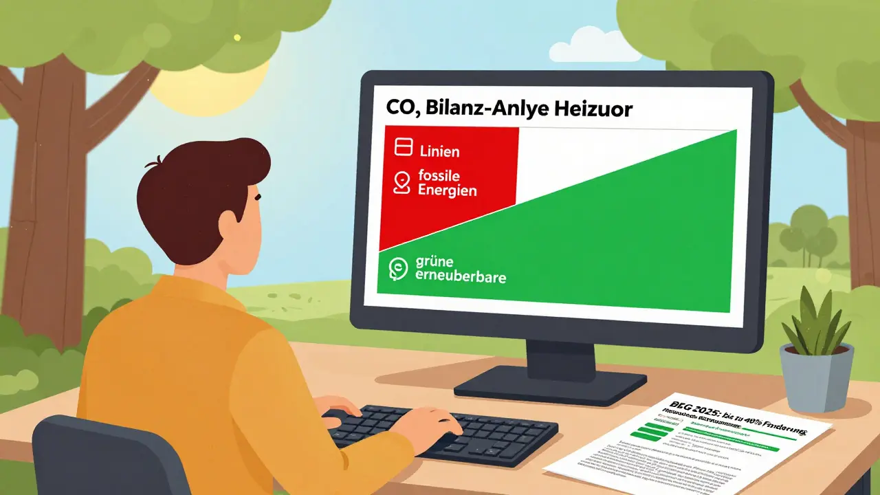 Hausbesitzer betrachtet CO₂-Bilanz auf Tablet, hinter ihm kombinierte klimafreundliche Heiztechnik.