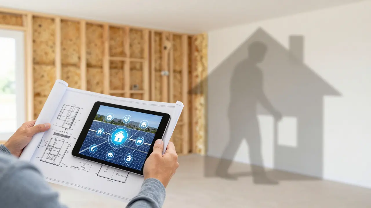 Hausbesitzer mit Plänen und Smart-Home-Ikonen in einer halbfertigen Renovierungsstelle mit freiliegenden Wänden.