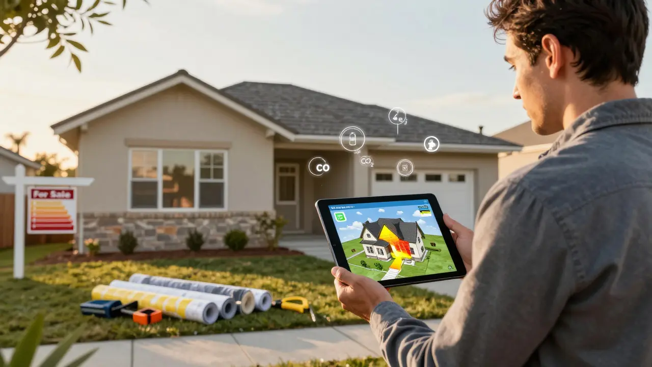 Homeowner and energy advisor reviewing a 3D energy model of a renovated house.