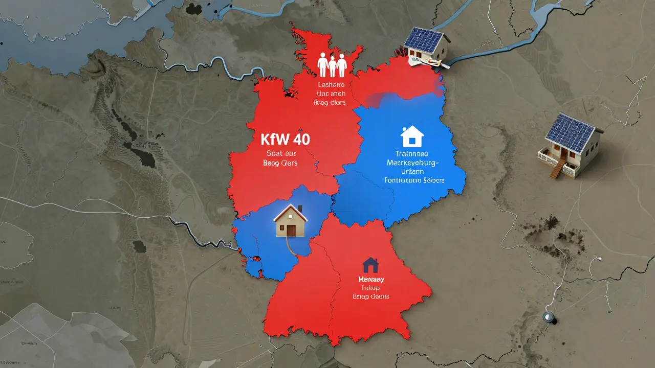 Karte Deutschlands mit farbigen Regionen, die unterschiedliche Wohnförderungsprogramme für Neubau und Sanierung zeigen.