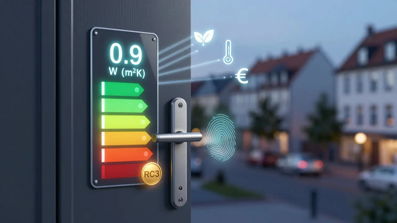 Konzeptuelle Darstellung einer Haustür mit U-Wert, Sicherheitsklasse RC3 und digitaler Zugangstechnik als Symbole für Energieeffizienz und Sicherheit.