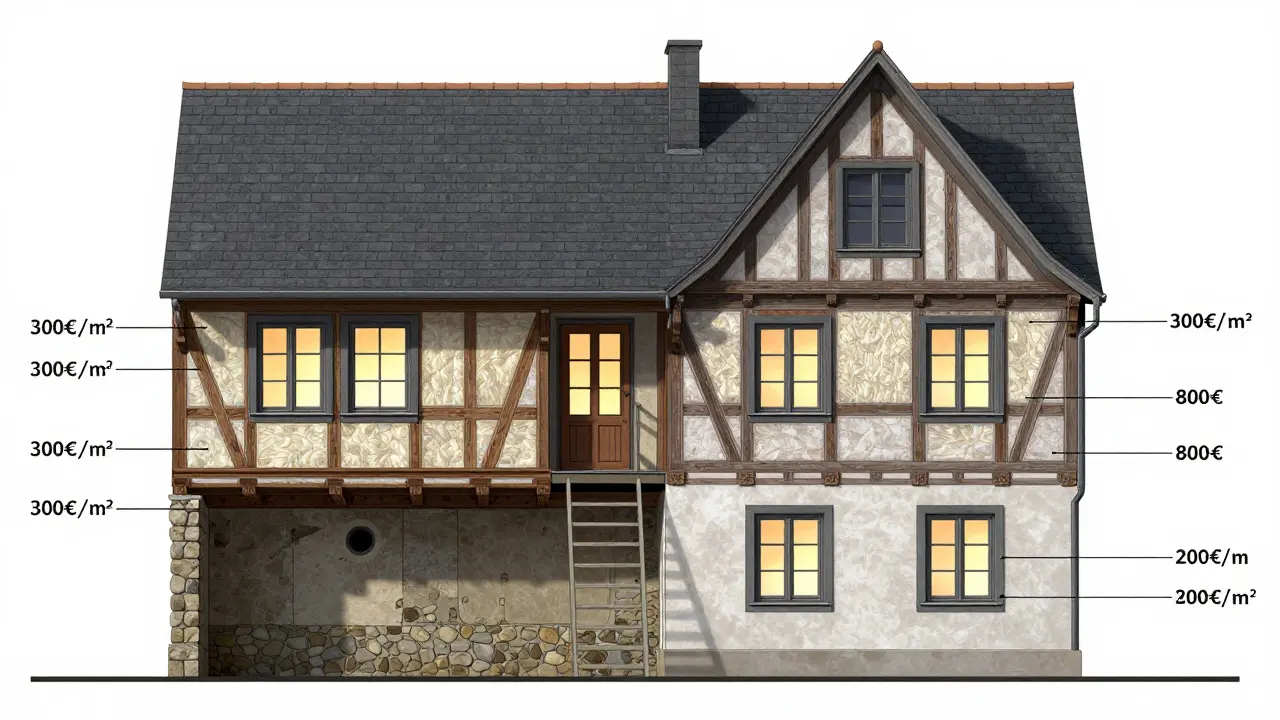 Querschnitt eines sanierten Altbauhauses mit detaillierten Kostenangaben für Dämmung, Fenster und Trockenlegung.