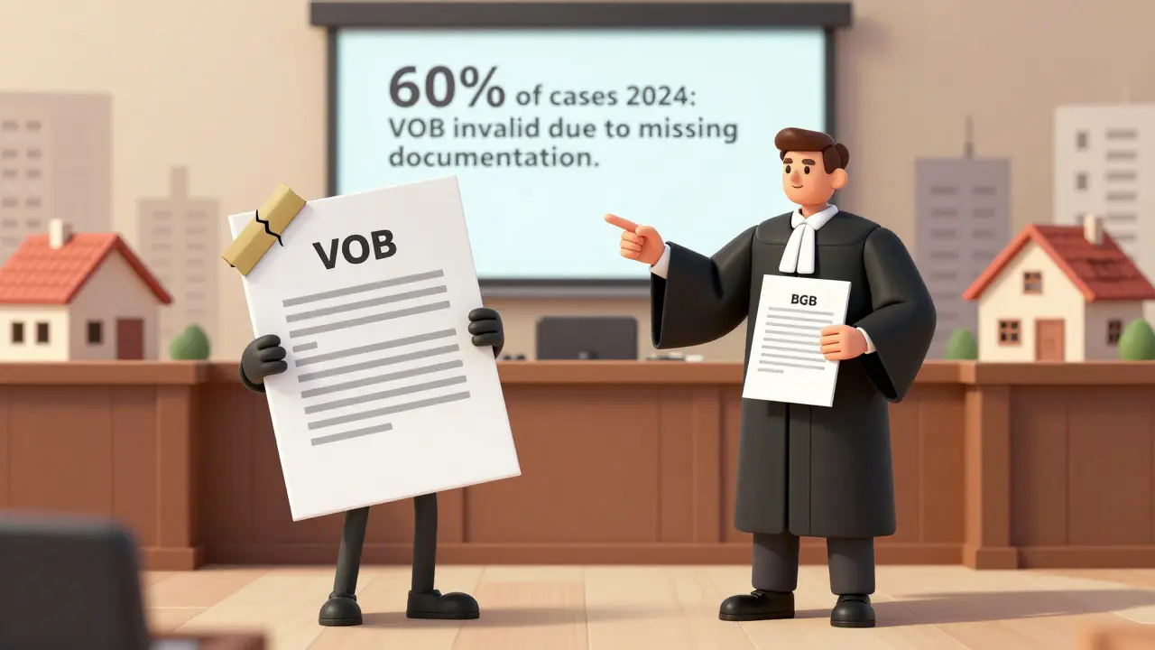 Richter in Gerichtssaal zeigt auf ungültige VOB-Bedingungen, während Kunde das BGB als schützenden Vertrag hält.