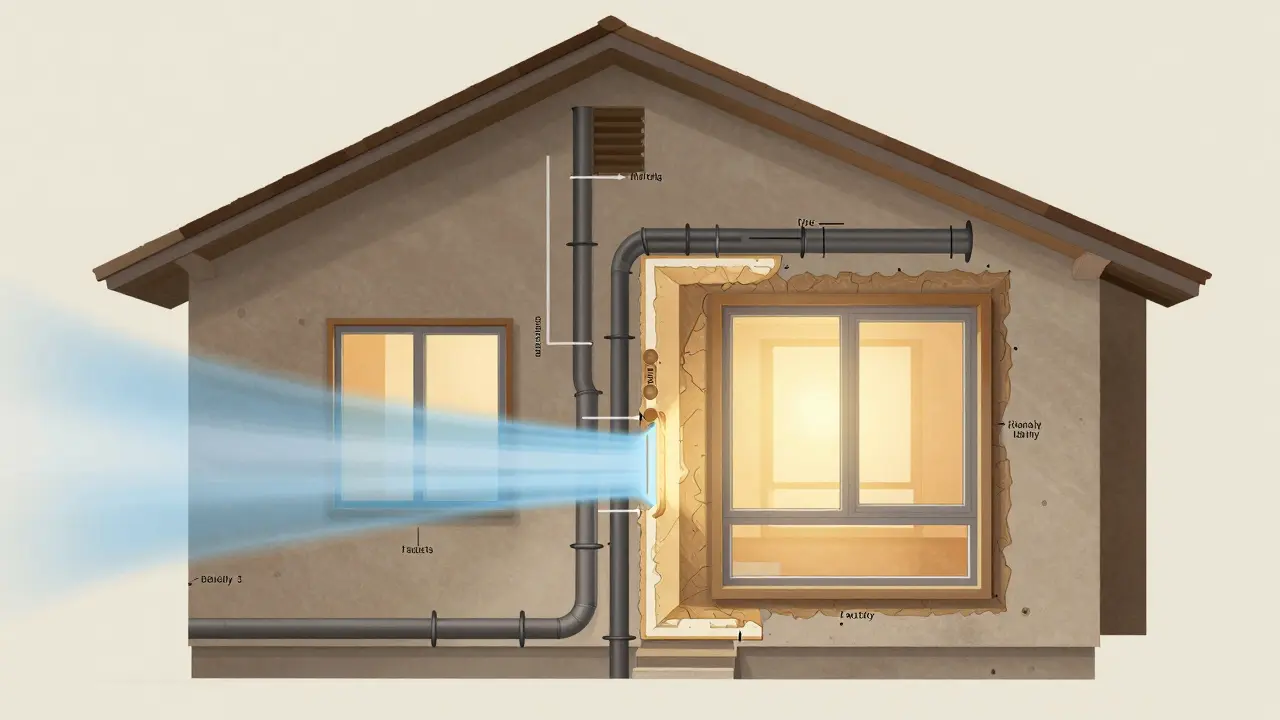 Schnittansicht eines Hauses mit unsichtbaren Luftlecks an Rohrdurchführungen und Fenstern, verglichen mit dichter Isolierung.