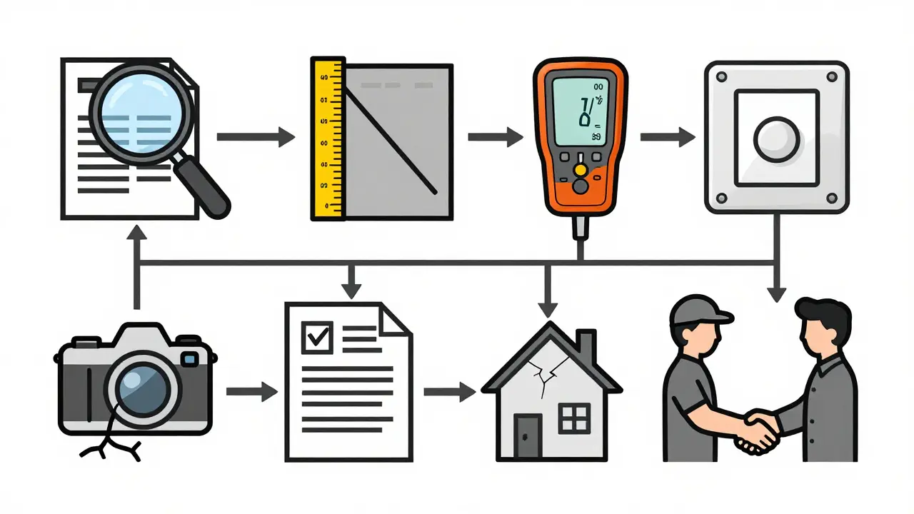 Sieben Schritte der Baubehandlung als ikonografische Darstellung mit Prüfgeräten und Dokumentation.
