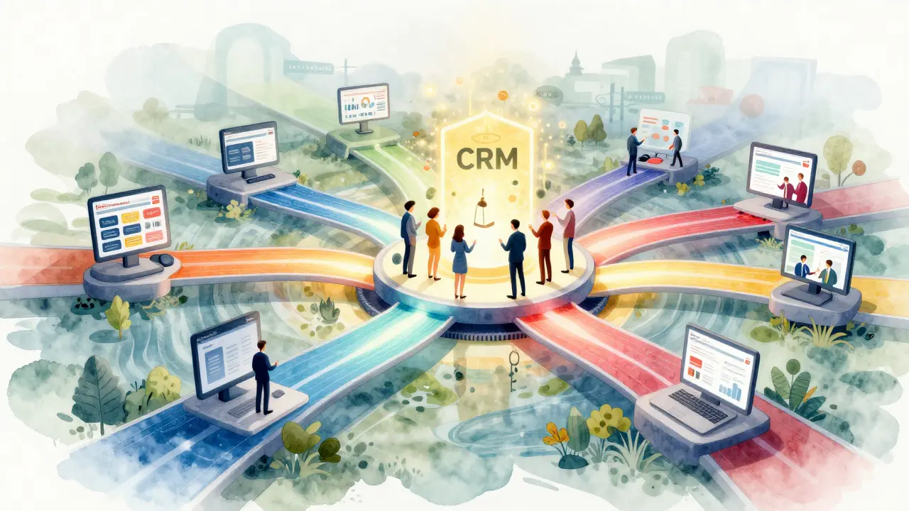 Stilisierte Illustration von Datenströmen aus Immobilienportalen, die in ein zentrales CRM-Hub fließen.