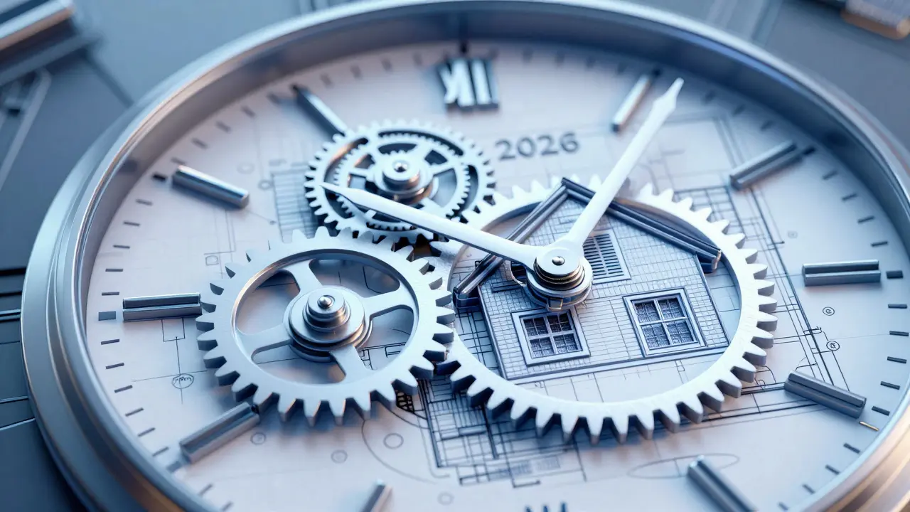 Uhr mit Zahnrädern, die in Hausgrundriss verwandeln, Symbol für 2026-Rechtsänderung.