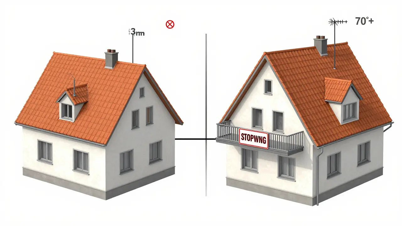 Vergleich: Ein legal gebautes Haus neben einem mit verbotenen Vorbauten wie breitem Balkon und steilem Dach, der den Abstand überschreitet.