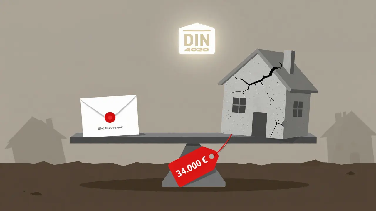 Waage mit Kosten eines Baugrundgutachtens gegen hohe Sanierungskosten