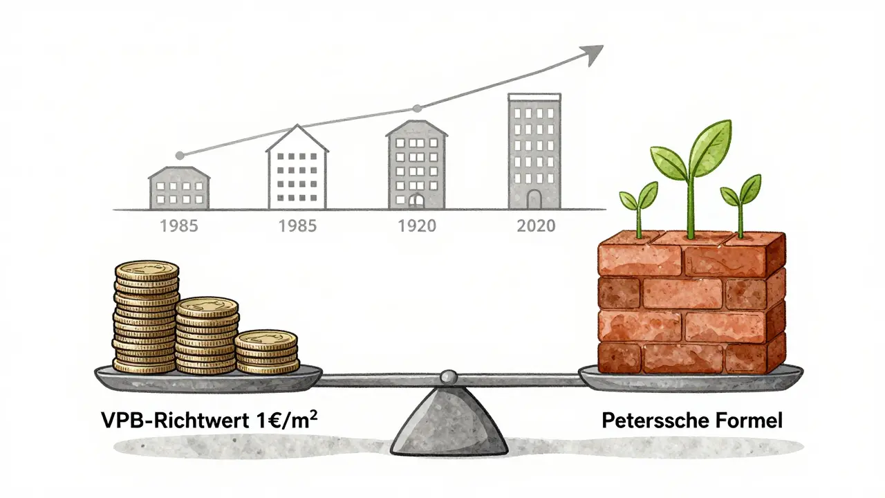 Waage vergleicht niedrige Mindestreserve mit fundierter Rücklagenstrategie, begleitet von Gebäudealter-Timeline.