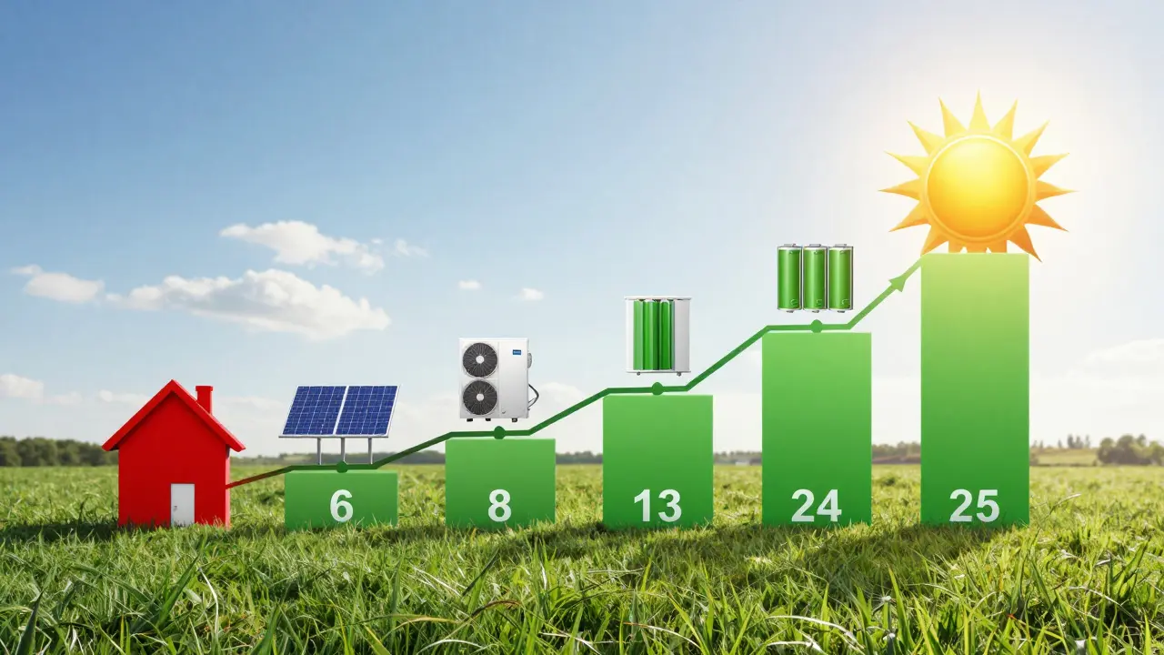 Zeitlinie eines Hauses, die die Entwicklung von hohen zu niedrigen Energiekosten über 25 Jahre zeigt.