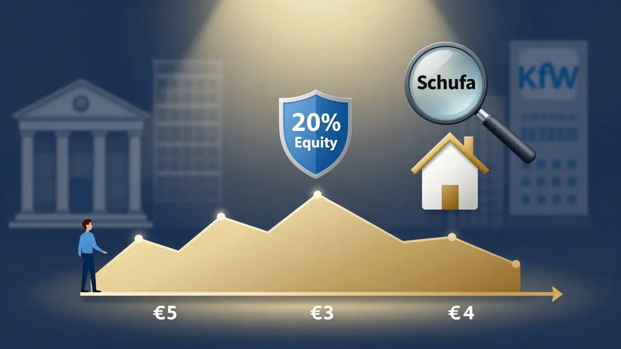 Zeitlinie mit Einkommensschwankungen und Schutzschild für 20 % Eigenkapital vor einem Haus.