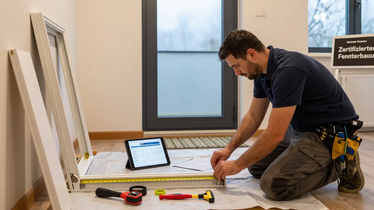 Zertifizierter Installateur misst eine Türöffnung während des Austauschs, alte Tür neben neuen hochsicheren Modell.