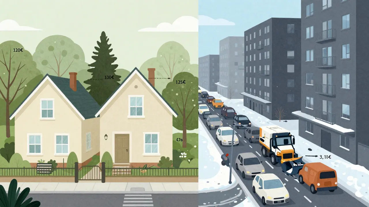 Zwei identische Häuser mit extrem unterschiedlichen Straßenreinigungsgebühren, visualisiert durch Stadt- und Landumgebung.