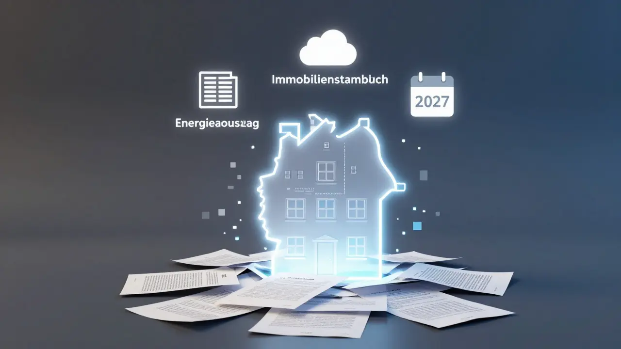 Digitaler Portal-Effekt mit auflösenden Papierdokumenten und Symbolen für zukünftige Immobilien-Datensysteme.