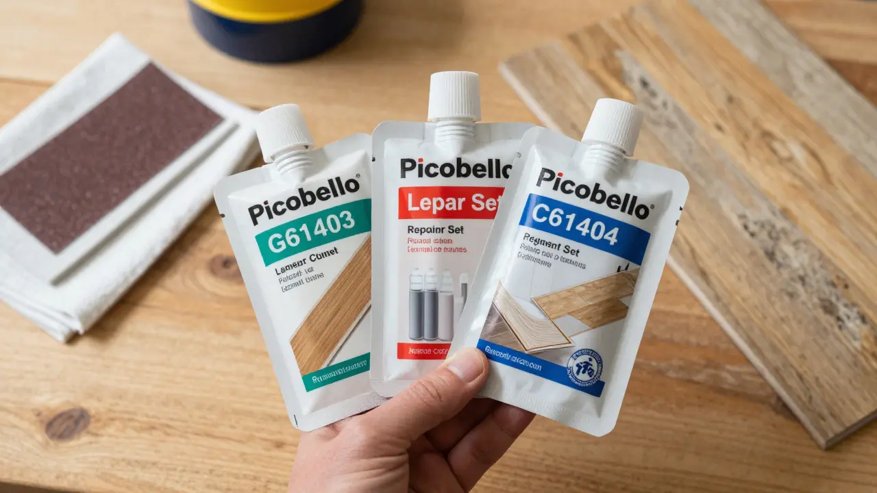 Drei Bodenreparatur-Sets liegen auf einer Werkbank neben Reinigungstuch und Schleifpapier.