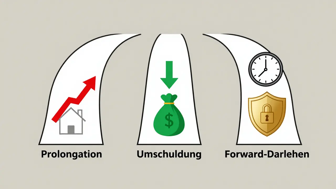Drei Wege der Anschlussfinanzierung: Prolongation, Umschuldung und Forward-Darlehen mit unterschiedlichen Zinsentwicklungen als symbolische Pfade.