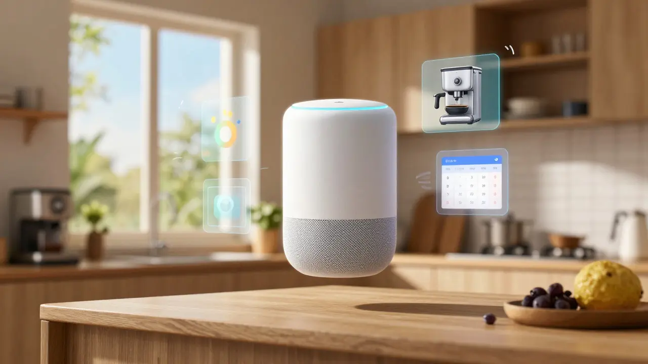 Ein Google Home-Lautsprecher mit schwebenden Smart-Home-Icons in einer sonnigen Küche.
