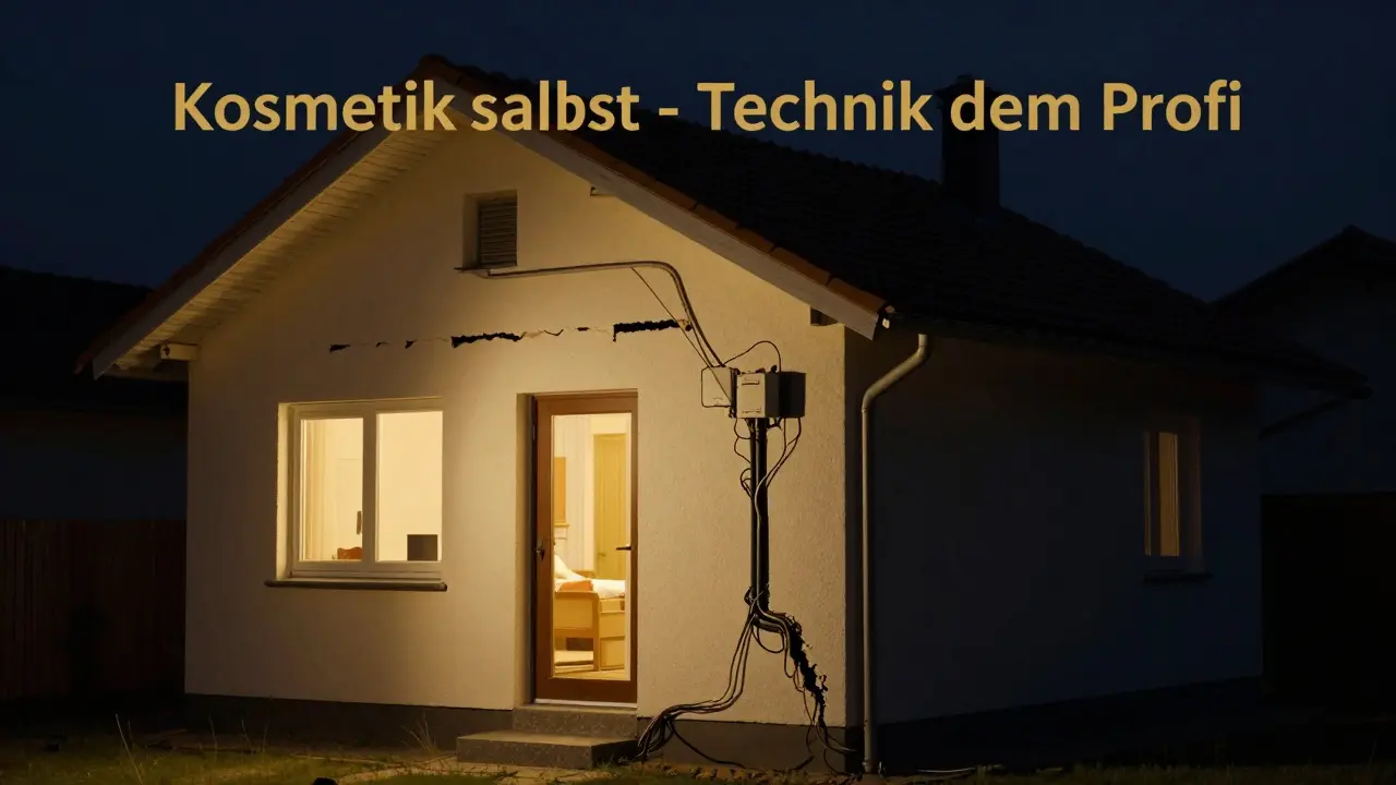 Ein Haus in der Nacht: die eine Hälfte sicher und hell durch professionelle Sanierung, die andere dunkel und beschädigt durch DIY-Fehler.