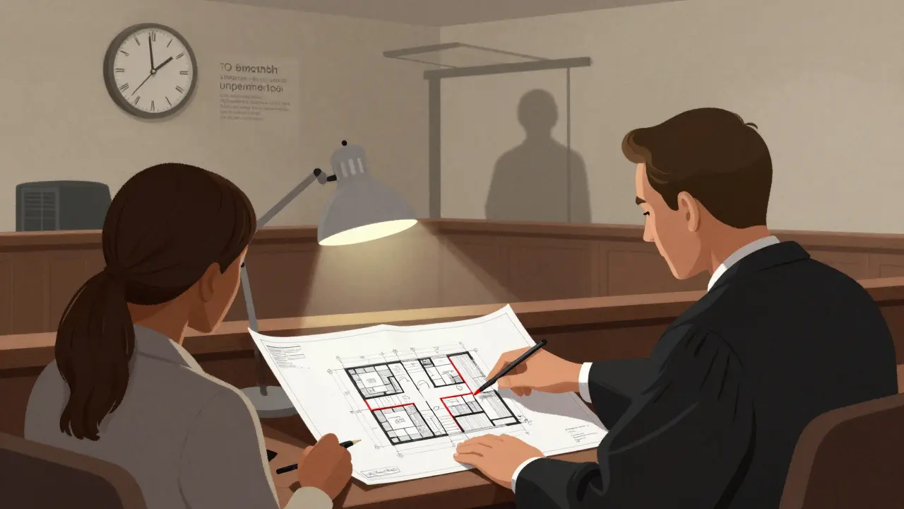 Ein Richter prüft Baupläne im Gerichtssaal, während eine verstrichene Frist und ein früherer Bauverstoß im Hintergrund sichtbar sind.