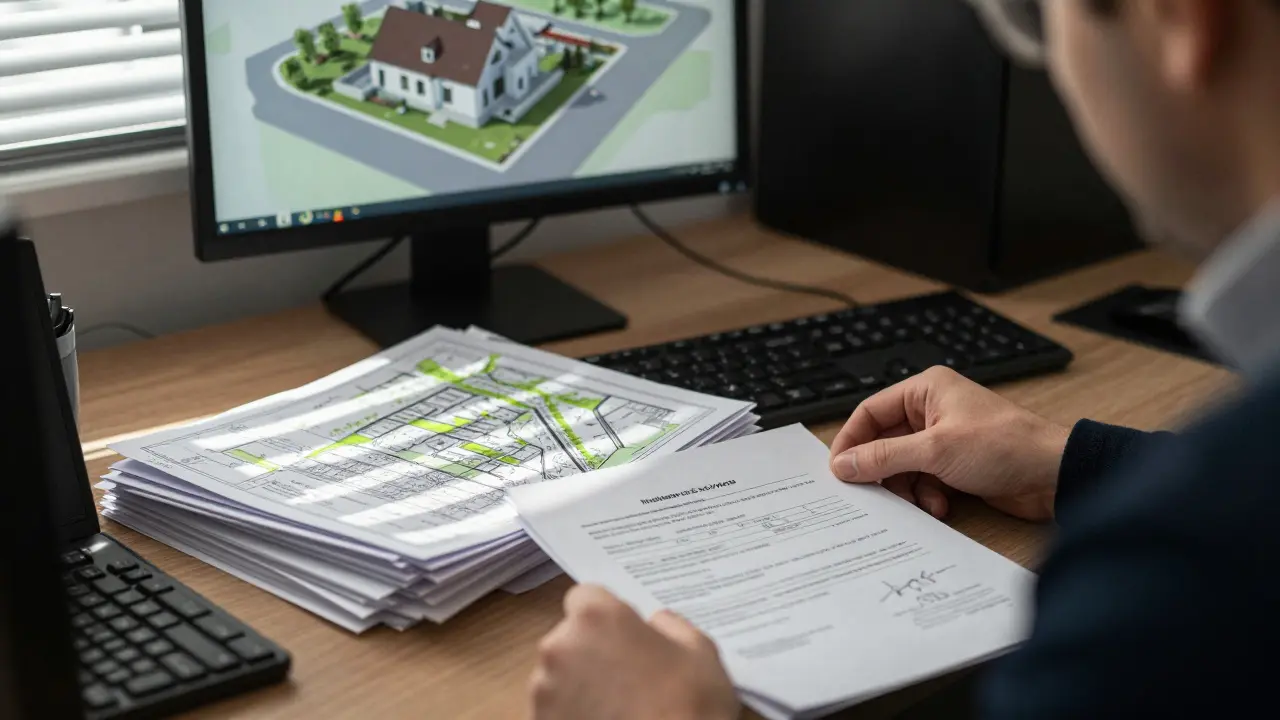 Eine Mitarbeiterin der Bauverwaltung prüft in einem Amtszimmer Grundrisspläne und Flurkarten an einem Holztisch.