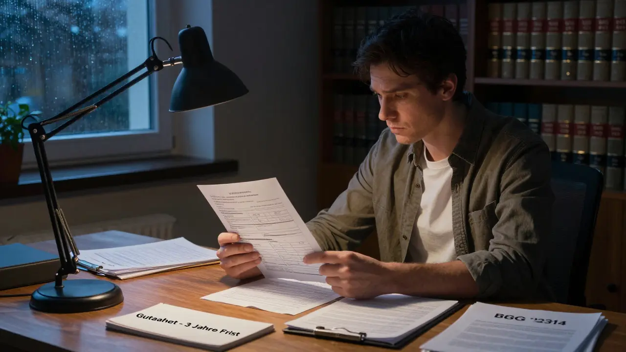 Eine Person prüft zwei Gutachten in einer Anwaltskanzlei, mit Hinweis auf die 3-Jahres-Frist und BGB-Vorschrift.