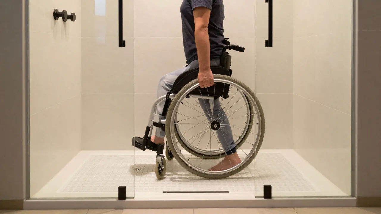 Eine Person steigt barfuß ohne Stufe in eine moderne, bodengleiche Dusche ein, umgeben von gläsernen Wänden und minimalistischen Armaturen.