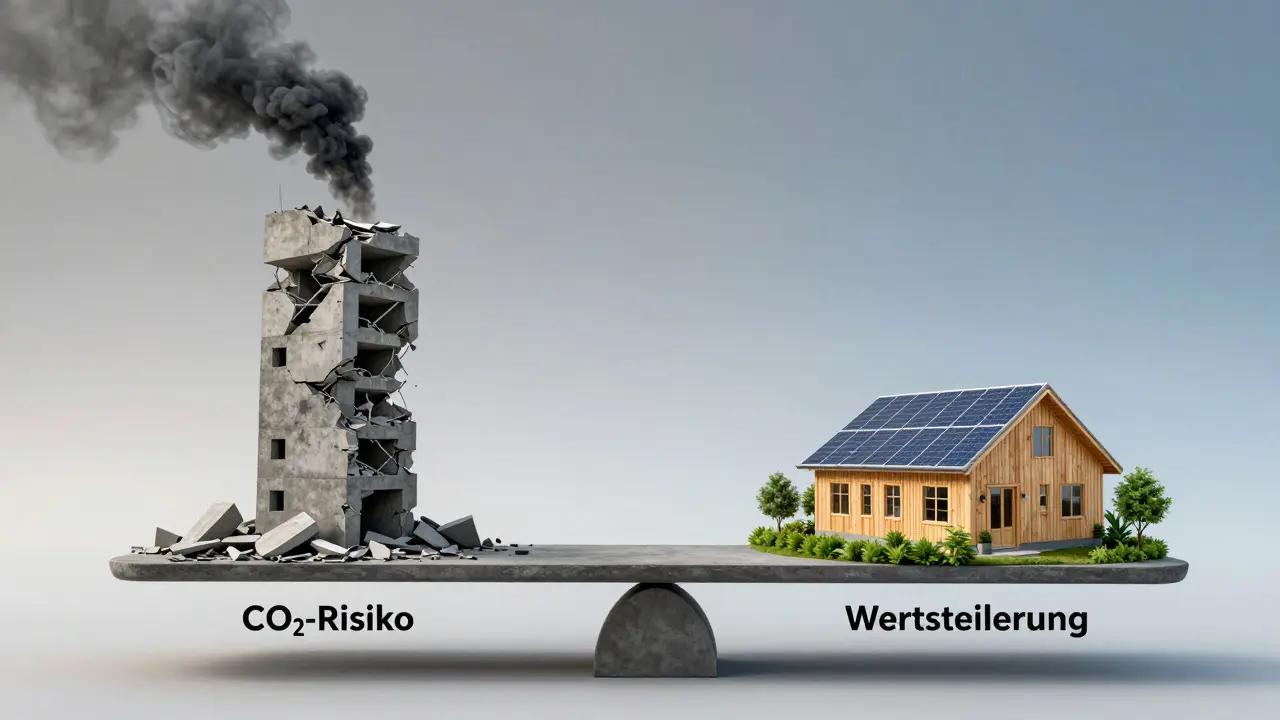 Eine Waage, die ein schadstoffemittierendes Gebäude gegen ein nachhaltiges, grünes Gebäude abwägt.