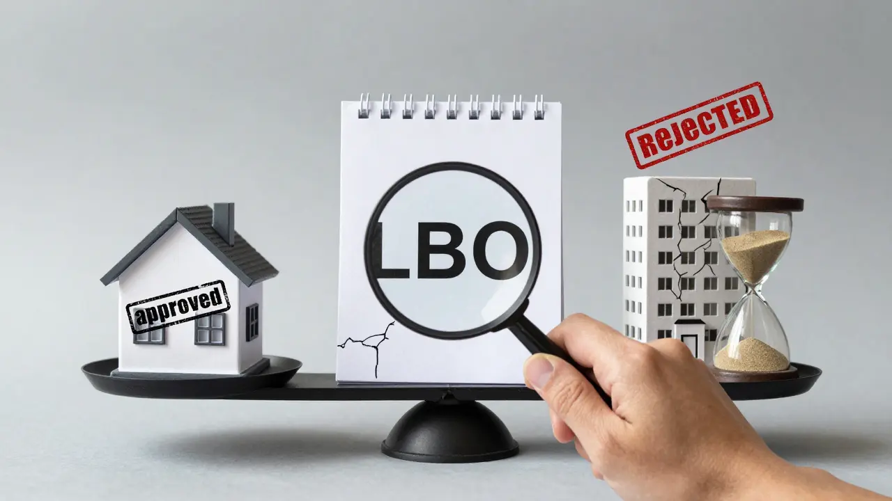 Eine Waage zeigt einen legalen Bau neben einem abgelehnten, daneben läuft eine Sanduhr mit der Frist '1 Monat' ab.