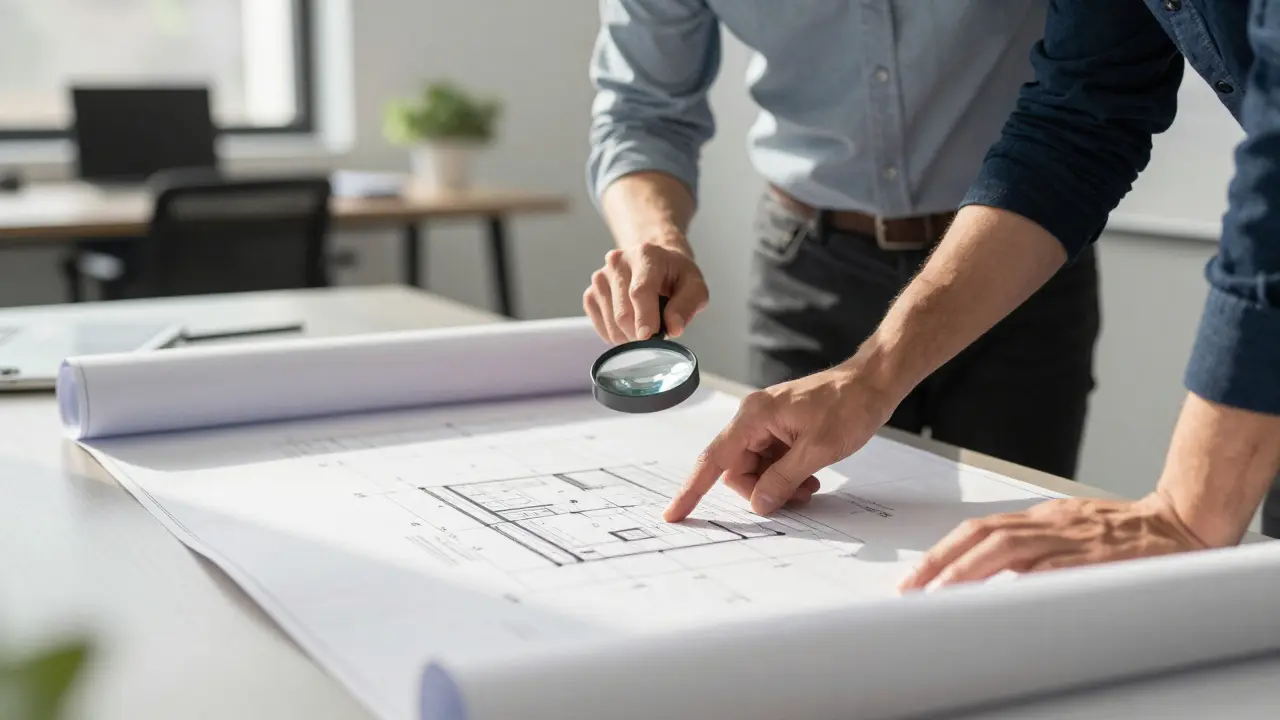 Expert prüft architektonische Pläne mit Kunde am Schreibtisch