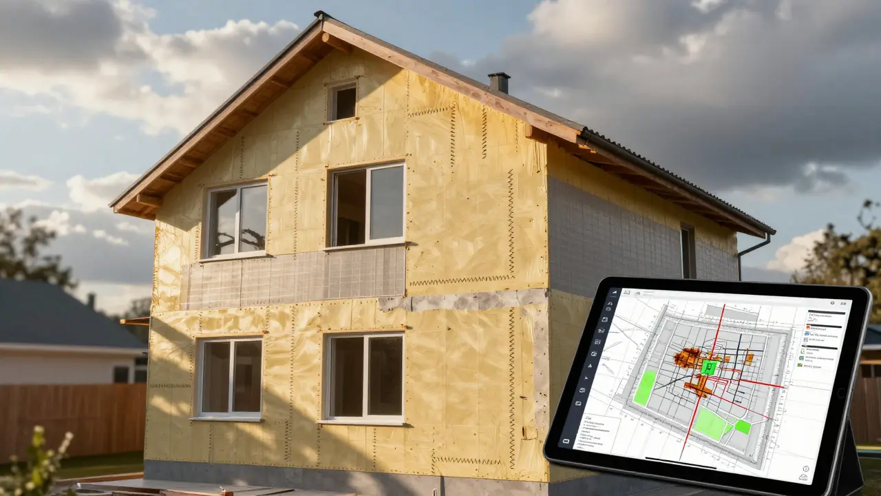 Fassade mit Wärmedämmung, Armierungsgewebe und digitaler Analyse-App im Vordergrund, symbolisierend moderne Sanierung.