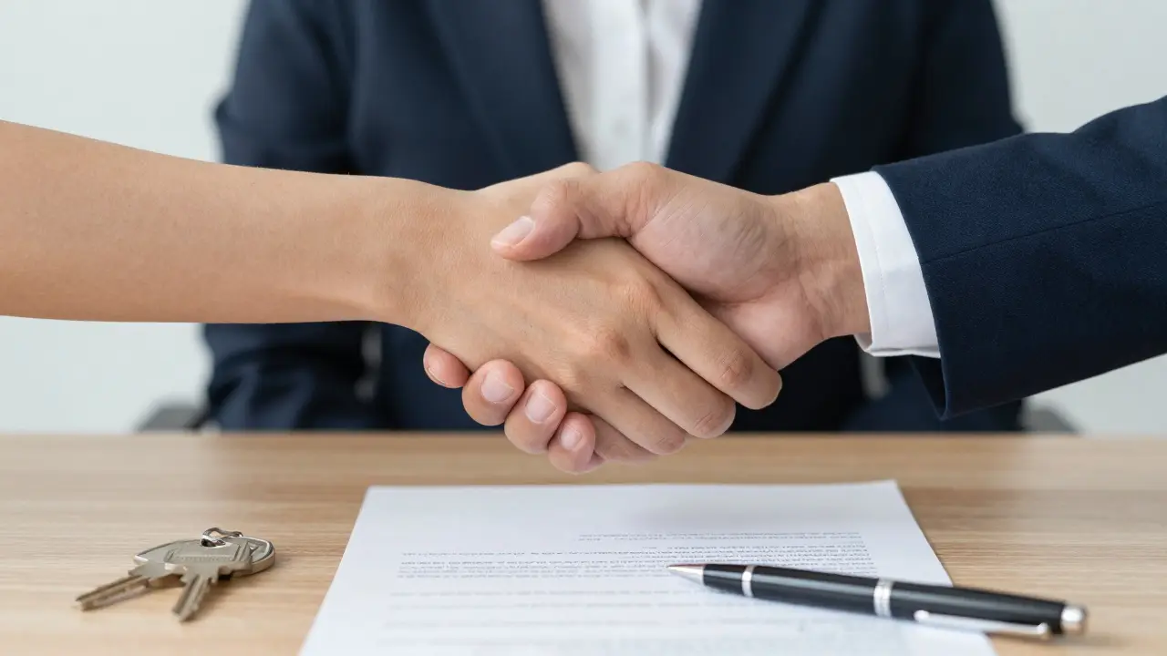 Fester Händedruck über Tisch mit Schlüsseln symbolisiert Vergleichslösung