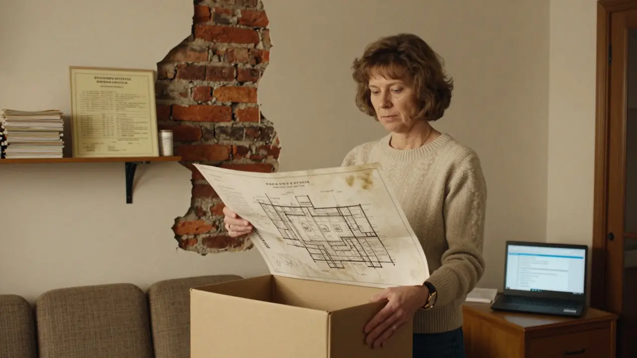 Frau hält alten Grundriss in einem Wohnzimmer mit sichtbaren alten Bauteilen und Dokumenten auf einem Regal.