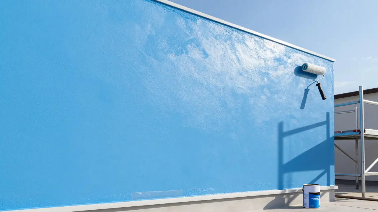 Frisch gestrichene Fassade mit gleichmäßiger Farbdeckung, keine Flecken oder Bewuchs, Trockenprüfung mit Folie.