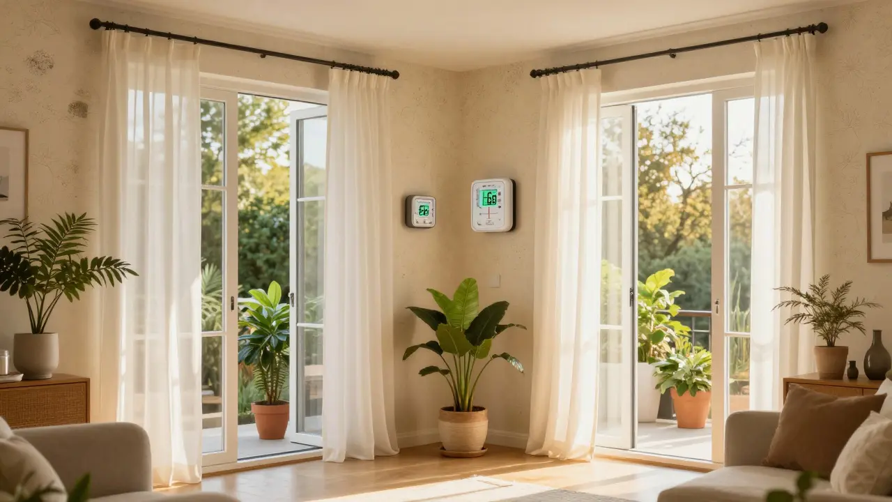 Geräumte Wohnung mit Hygrometer und offener Lüftung