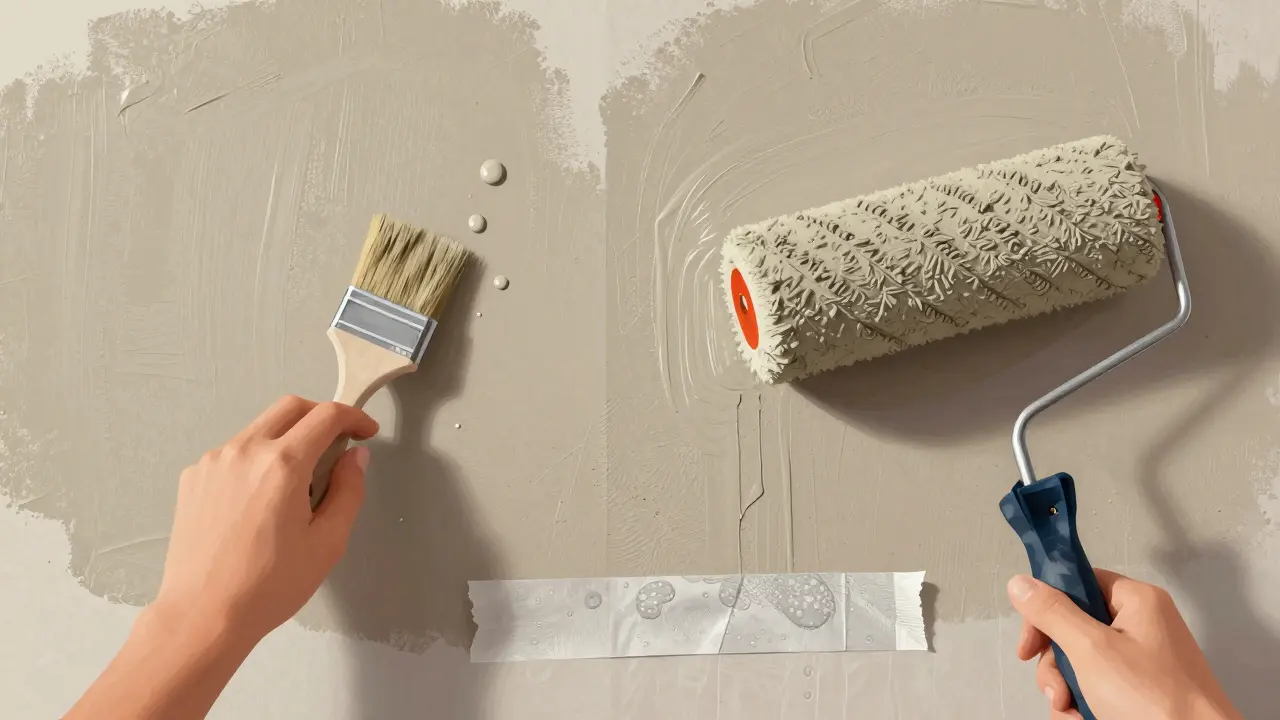 Grundierung wird mit Pinsel aufgetragen, dann Farbe mit geriffelter Walze gleichmäßig aufgetragen.