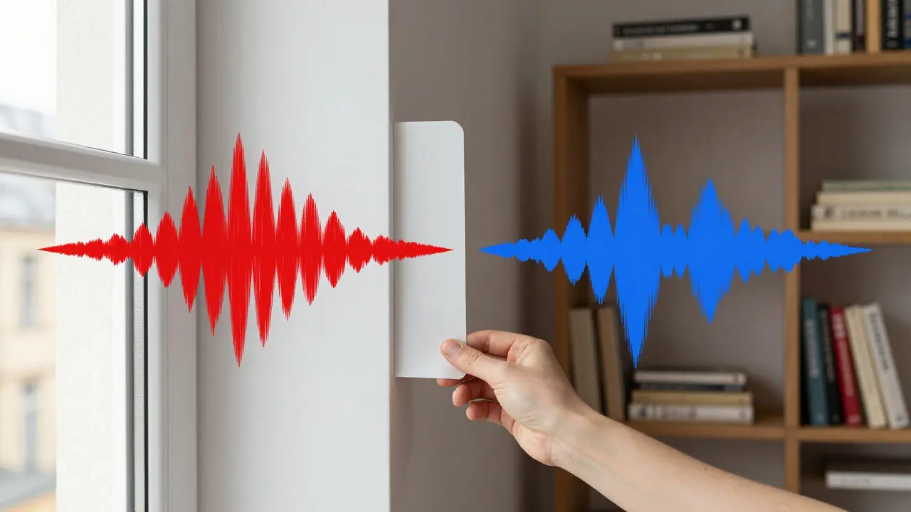 Hand legt Dichtband an Fensterlaufwerk, daneben ruhige und laute Schallwellen als visuelle Vergleichsdarstellung.