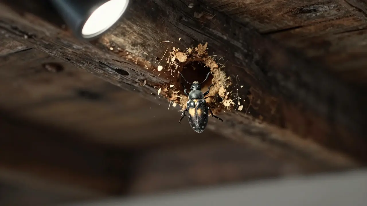 Hausbockkäfer beim Herauskrabbeln aus einem Holzloch, frisches Fraßmaterial umgeben.