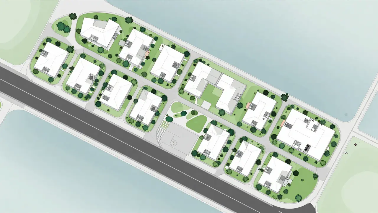 Isometrische Ansicht eines Wohngebiets mit Straßen und Grundstücken