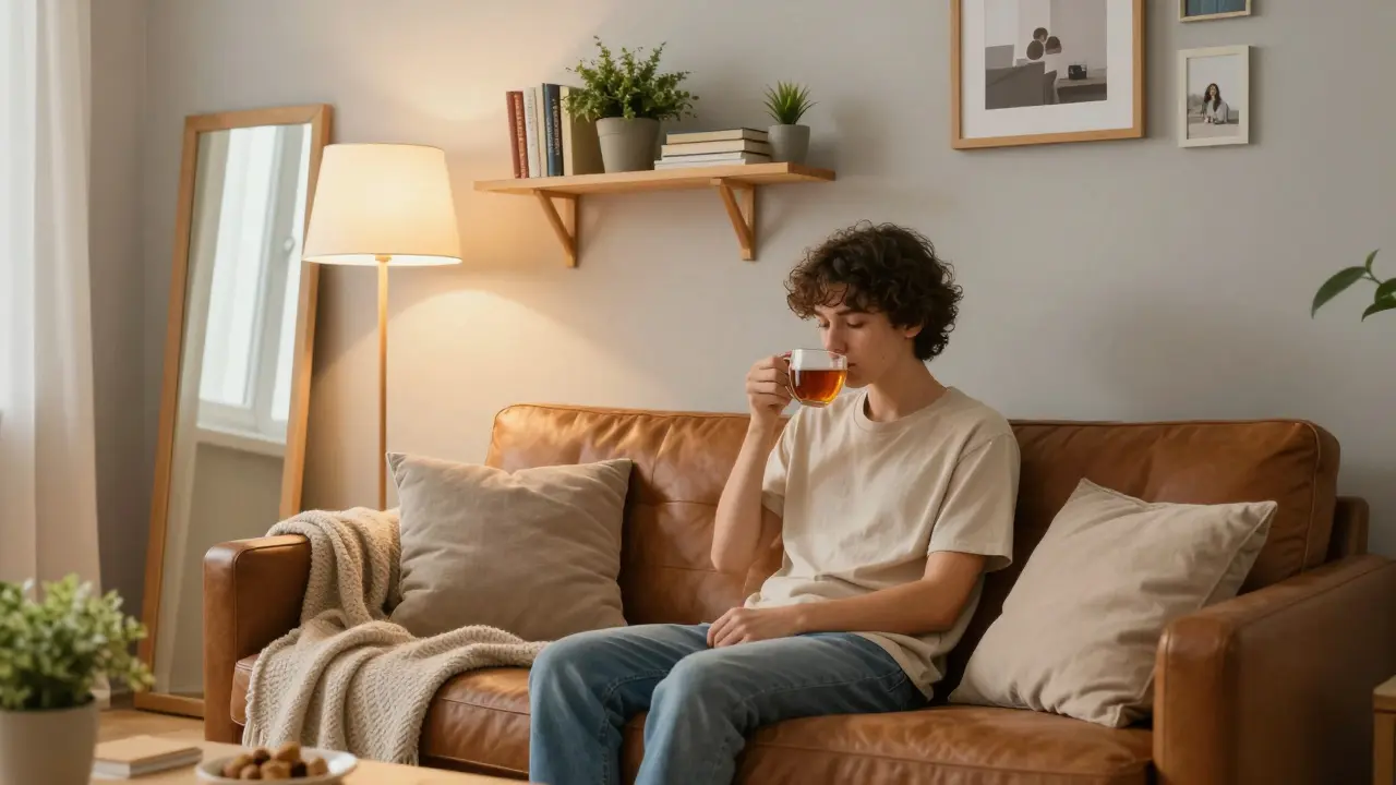 Junge Person auf gebrauchtem Ledersofa in einem warmen, lichtdurchfluteten Wohnzimmer mit DIY-Regal und Kissen.