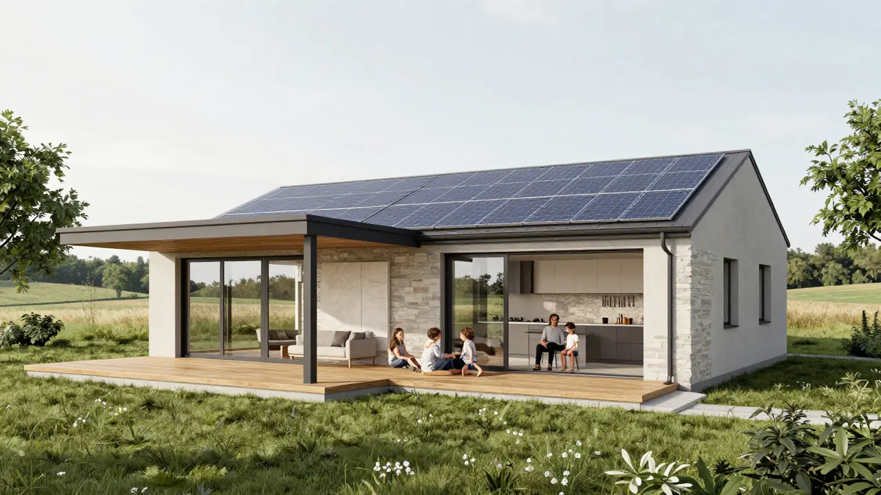 L-förmiger Bungalow in ländlicher Umgebung mit Solar-Dach, Terrasse und offener Raumgestaltung für eine Familie.