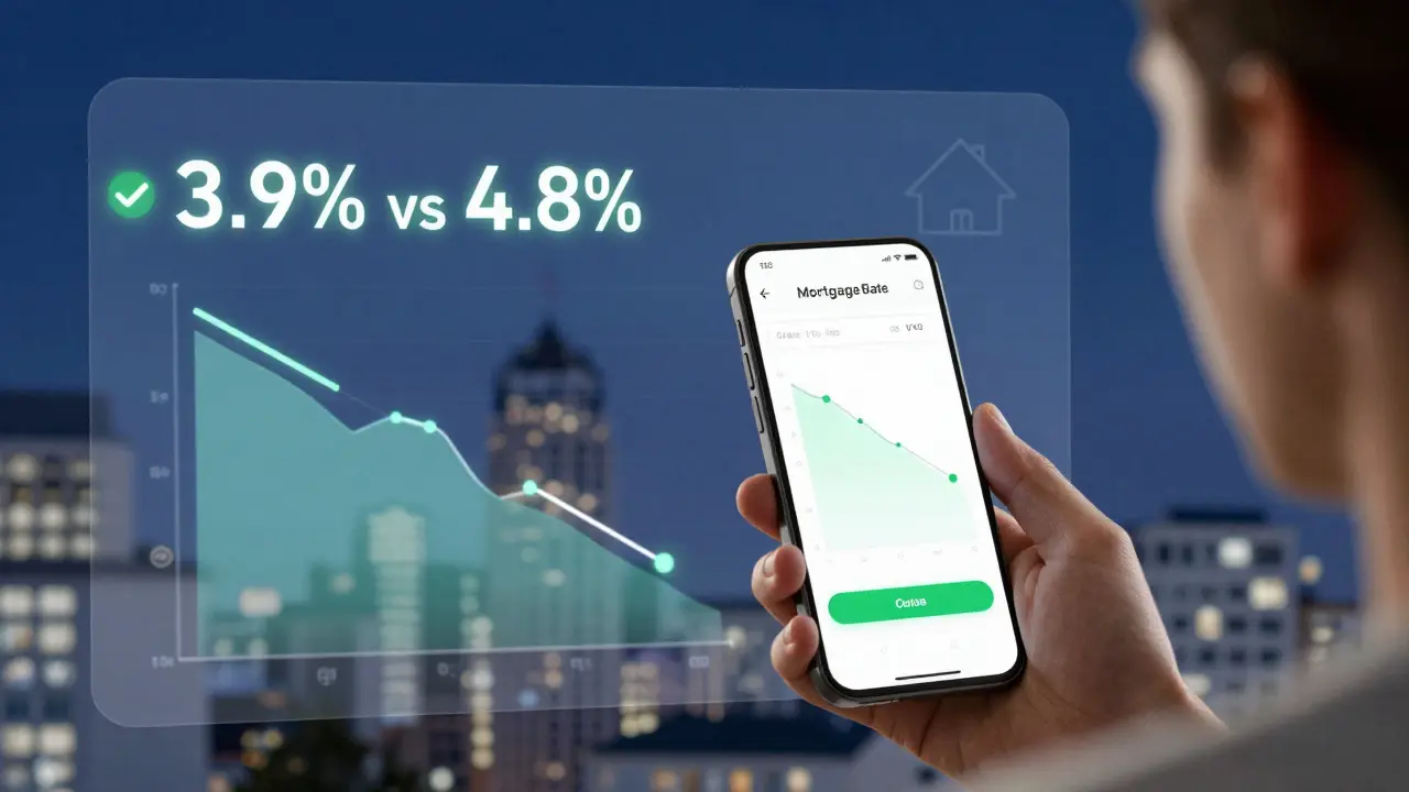Mensch nutzt Mobil-App zur Vergleichsanalyse von Immobilienzinsen, mit visualisierten Sparpotenzialen und digitalen Vergleichsdaten.