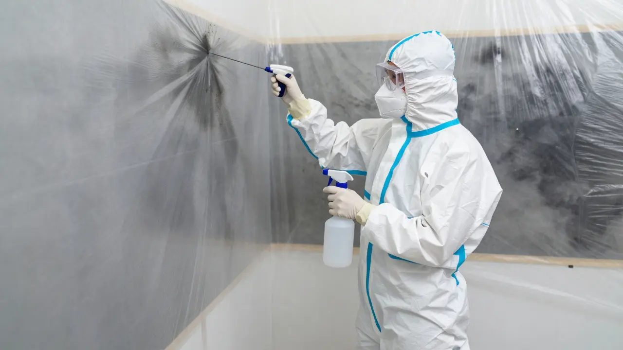 Person in Schutzkleidung reinigt schimmelbefallene Wand